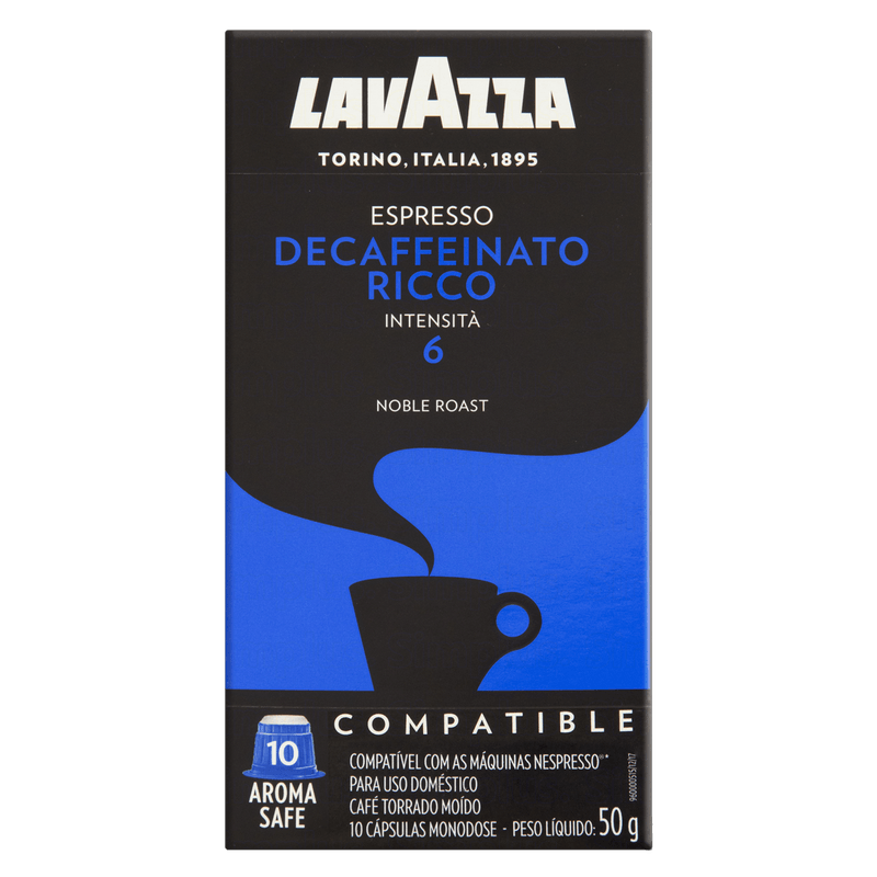 Cafe-em-Capsula-Torrado-e-Moido-Descafeinado-Espresso-Ricco-Lavazza-Caixa-50g-10-Unidades-Frente-1