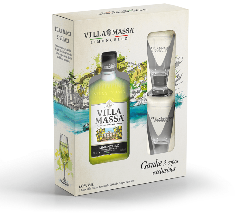 Kit-Licor-Fino-de-Limao-Limoncello-Villa-Massa-Garrafa-700ml---2-Copos-Personalizados-em-Vidro