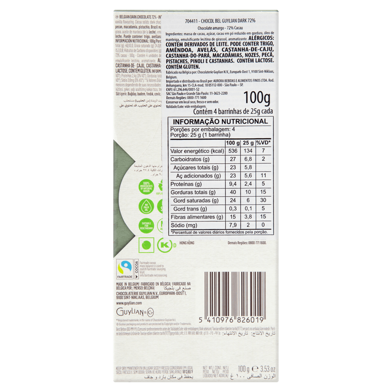 Chocolate-Belga-Amargo-72--Cacau-Guylian-Premium-Caixa-100g-4-Unidades-de-25g-Cada