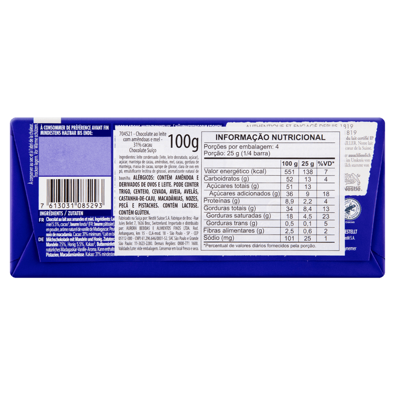 Chocolate-Suico-ao-Leite-31--Cacau-com-Amendoas-e-Mel-Cailler-Chocmel-Tablete-de-100g
