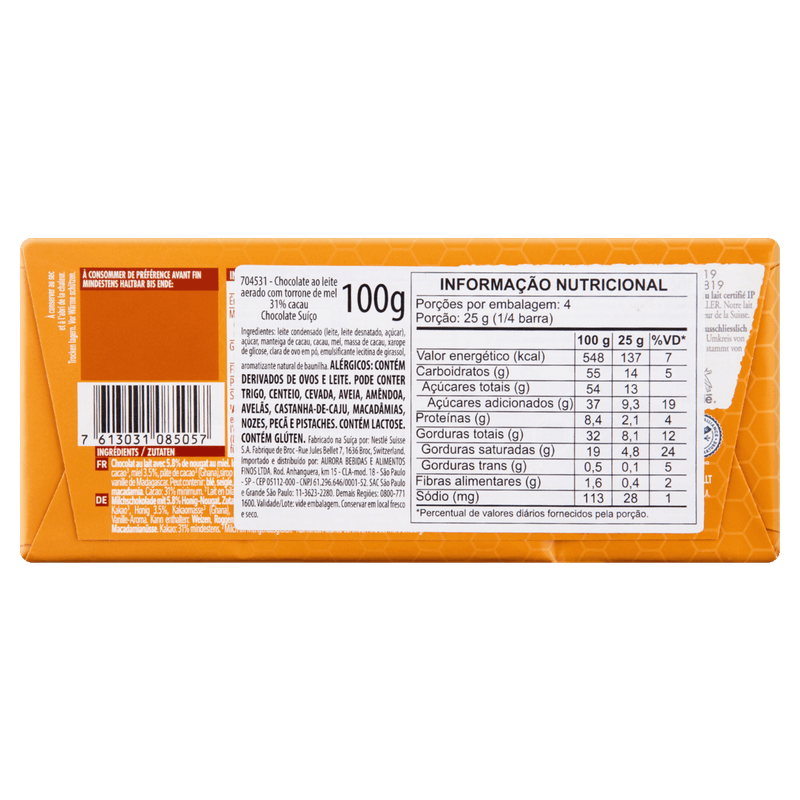 Chocolate-Suico-ao-Leite-Aerado-31--Cacau-com-Torrone-de-Mel-Cailler-Rayon-Tablete-de-100g